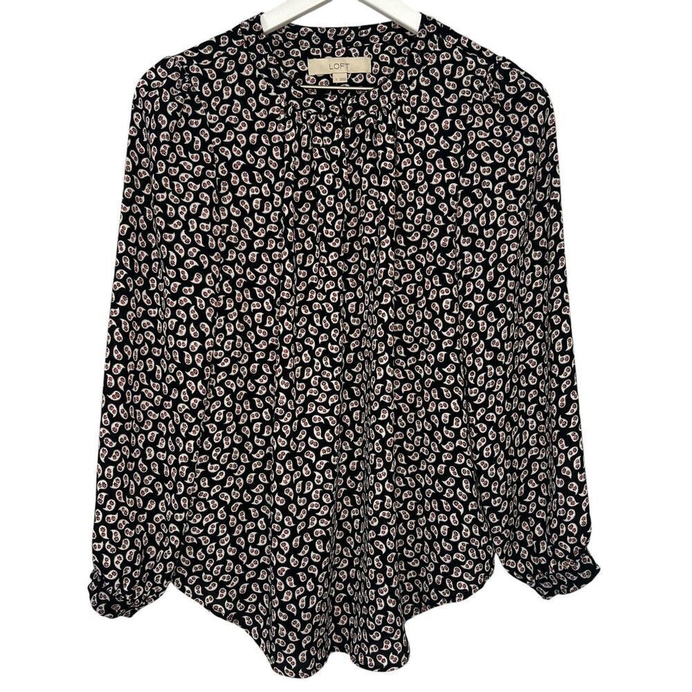 LOFT Paisley Blouse size Small Black White Red Long Sleeve Keyhole Neck Top